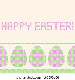Easter eggs cross-stitched background. Seamless horizontal pattern.