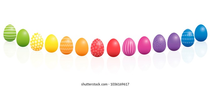 Easter eggs. Curved line, different colors and patterns. Rainbow colored three-dimensional isolated vector illustration on white background.