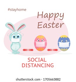 Easter eggs. Cute easter bunny with face mask coronavirus pandemic. Social Distancing Quarantine. Social Distancing keeping distance for infection risk and disease. Covid-19 virus in air. Staying home