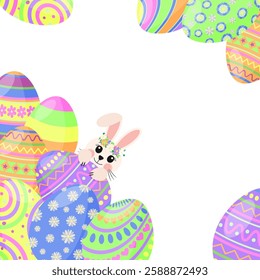 Easter eggs and cute bunny frame, border with copy space. Happy Easter spring holiday greeting card, invitation, poster, banner design element, vector illustration.