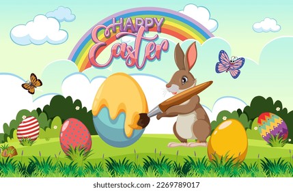 Easter Eggs with Cute Bunny in Grassy Field illustration