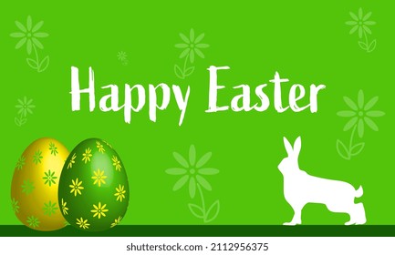 Ostereier und süßer Hase auf grünem Hintergrund.Frohe Osterkarte, Banner. Trendy Osterdesign mit Typografie, Eiern und Hase in Pastellfarben. Modern minimalistisch.Horizontales Poster, Grußkarte