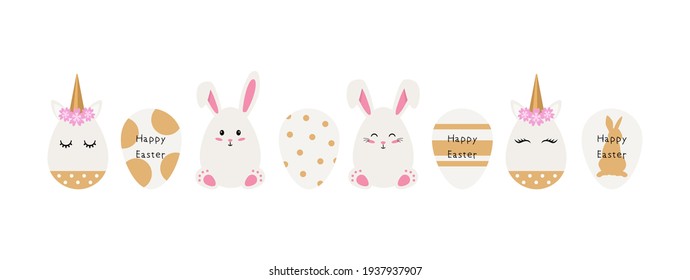 Easter Eggs. Cute cartoon bunny and unicorn. Vector