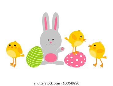 Easter eggs with cute chickens an rabbit