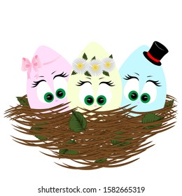 Easter eggs with cute eyes in the nest. Vector art
