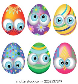 Easter Eggs Cute, Funny and Colorful Decorated Cartoon Characters Set of six Vector Elements illustrations isolated on white

