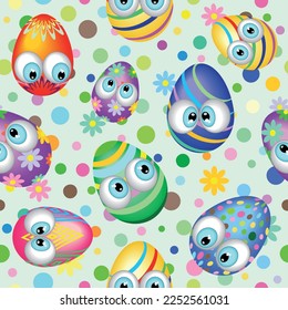 Easter Eggs Cute, Funny and Colorful Vector Seamless Textile Motive Pattern on polka dots and floral background