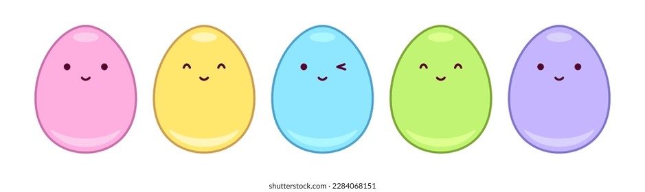 Easter eggs with cute happy smiling faces. Kawaii cartoon vector illustration. Colorful collection of clipart design elements. Pastel colors.