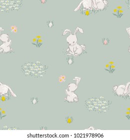 Easter Eggs with cute hares. Seamless pattern. vector