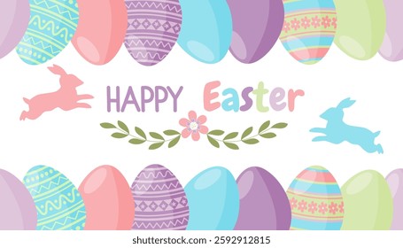 Easter eggs and cute rabbits border. Happy Easter spring holiday greeting card, invitation, poster, banner design element, vector illustration.