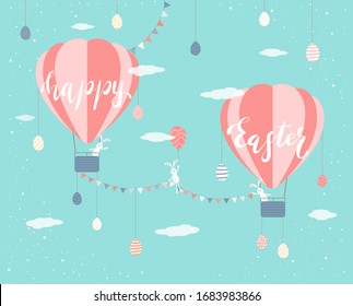 Easter eggs and cute rabbits with pennants and hot air balloon on blue background. Lettering Happy Easter. Illustration in flat cartoon style can be used for holiday design, banners, greeting cards.