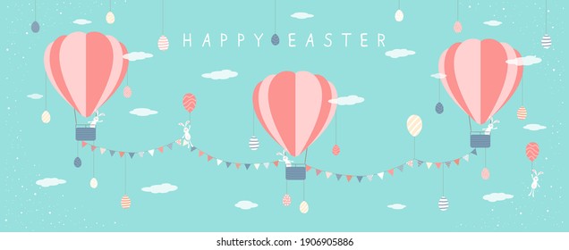Easter eggs and cute rabbits with pennants and hot air balloons on blue background. Lettering Happy Easter. Illustration in flat cartoon style can be used for holiday design, banners, greeting cards.