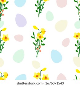  Huevos de Pascua. Flores de daffodil. Ilustración vectorial.Patrón sin problemas.