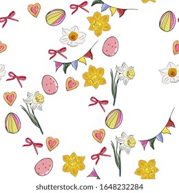 Easter eggs, daffodils, garland. Festive seamless pattern. Hand drawing, easter background. For fabric, packaging, print.