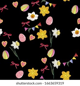 Easter eggs,  daffodils, garland. Festive seamless pattern. Hand drawing, easter background. For fabric, packaging, print.
