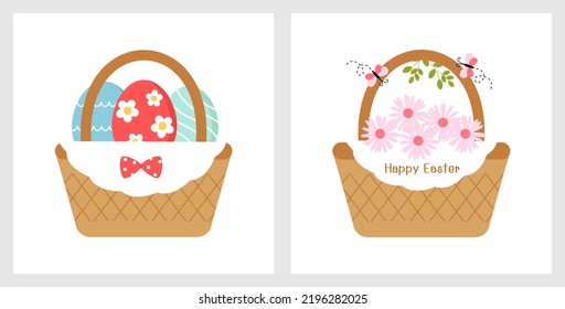 Easter eggs and daisy flower baskets isolated on white backgrounds vector illustration.