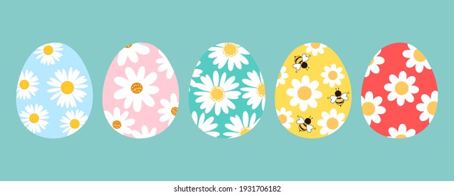 Easter eggs with daisy flower icon on green background vector illustration. Easter day.