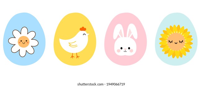 Easter eggs with daisy flower, little chicken, rabbit and sunflower cartoon isolated on white background vector illustration. Easter day.