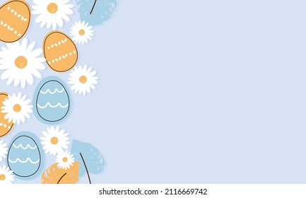 Easter eggs, daisy flower and tropical leaves on blue background vector illustration.