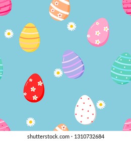 Easter eggs and daisy flowers seamless pattern.