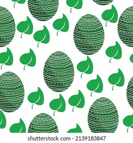 Huevos de Pascua de color verde oscuro patrón sin soldadura, huevos de vacaciones patentados y hojas verdes sobre una ilustración vectorial de fondo blanco