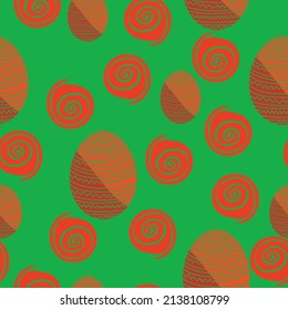 Huevos de Pascua color naranja oscuro patrón sin soldadura, huevos de vacaciones patentados y espirales en un fondo verde ilustración vectorial