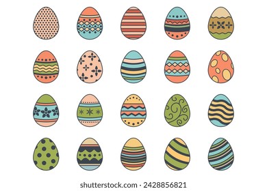 Huevos de Pascua, conjunto de iconos del festival del día de Pascua, iconos de huevo postern con la colección de símbolos de patrones de decoración, ilustración vectorial aislada del logotipo