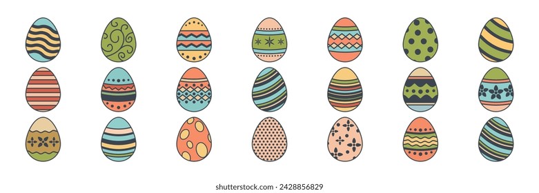 Huevos de Pascua, conjunto de iconos del festival del día de Pascua, iconos de huevo postern con la colección de símbolos de patrones de decoración, ilustración vectorial aislada del logotipo