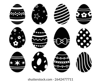Easter eggs, Easter day festival icon set.  Black white Easter eggs set on white background. Eastern egg icons with decoration patterns symbols collection, logo isolated vector illustration.