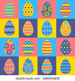 Easter eggs for easter day sweet and colorful with decoration patterns on white background. Set of colourful decorated  Easter Eggs for use in Easter designs. Vector illustration.