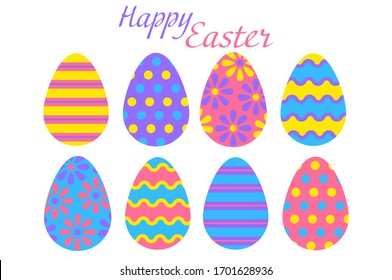 Easter eggs for easter day sweet and colorful with decoration patterns on white background. Set of colourful decorated  Easter Eggs for use in Easter designs. Vector illustration.