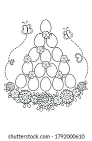 Easter Eggs Decor Coloring Page. Black and white cartoon illustration