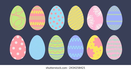 Huevos de Pascua decorados con un patrón geométrico abstracto. Dibujado a mano adorno pintado colores pastel apagados. Conjunto de vectores