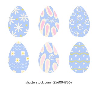 Easter eggs decorated different hand drawn patterns flowers, dots, wave lines and lettering Set 6