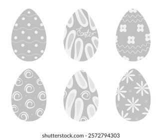 Easter eggs decorated different hand drawn patterns in grayscale. Set 6 Easter design elements idea