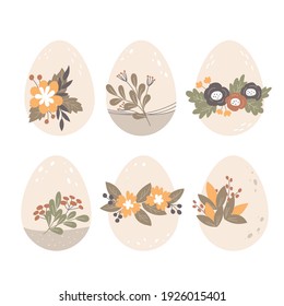 Easter eggs decorated with flowers, leaves and berries. Happy Easter. Flat design, vector illustration