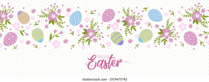 Easter eggs decorated with flowers on white background for Happy Easter poster or banner card design.
