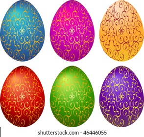 Easter eggs decorated with golden ornaments