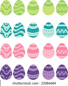 easter eggs decorated in green, blue, rose and violet colors with diferent forms
