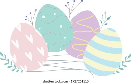 Easter eggs decorated with pink hearts, blue and yellow stripes, green with white polka dots, purple.