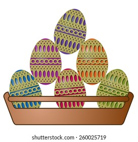 Easter eggs decorated with straw laid on a platter