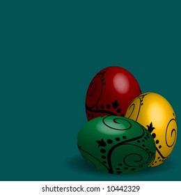 Easter eggs decorated with swirls, red green and gold, vector.