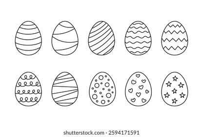 Easter eggs with decoration, line set. Egg in flat hand drawn style. Vector linear illustration