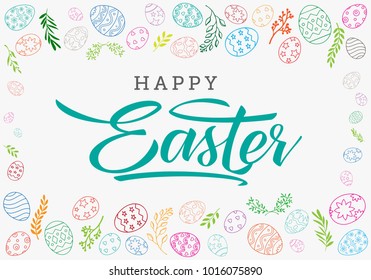 Easter eggs Decorative composition hand drawn fulcolor on white background. Horizontal stripe from eggs with leaves. Easter Egg Vector Decoration