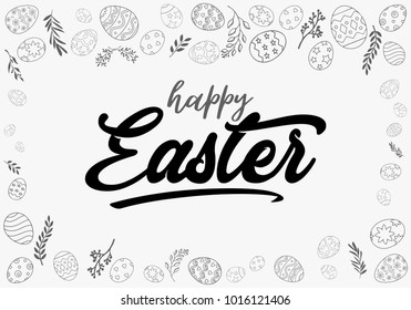 Easter eggs Decorative composition hand drawn black on white background. Horizontal stripe from eggs with leaves. 