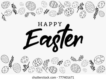 Easter eggs Decorative composition hand drawn black on white background. Horizontal stripe from eggs with leaves. Easter Egg Vector Decoration