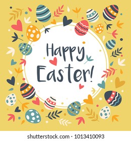 Easter eggs decorative frame composition. Happy Easter greeting card with eggs, flowers and leaves. Easter Egg vector flat illustration