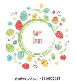 Easter eggs decorative frame . Happy Easter greeting card template with eggs, doodle flowers and leaves