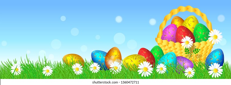 Easter eggs with decorative golden ornament on green grass and basket against blue sky