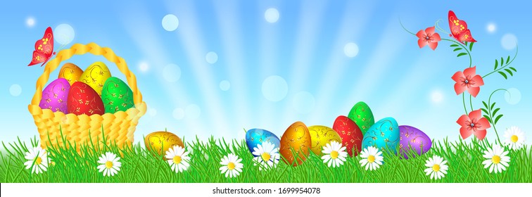 Easter eggs with decorative golden ornament on green grass and basket against blue sky with sun rays